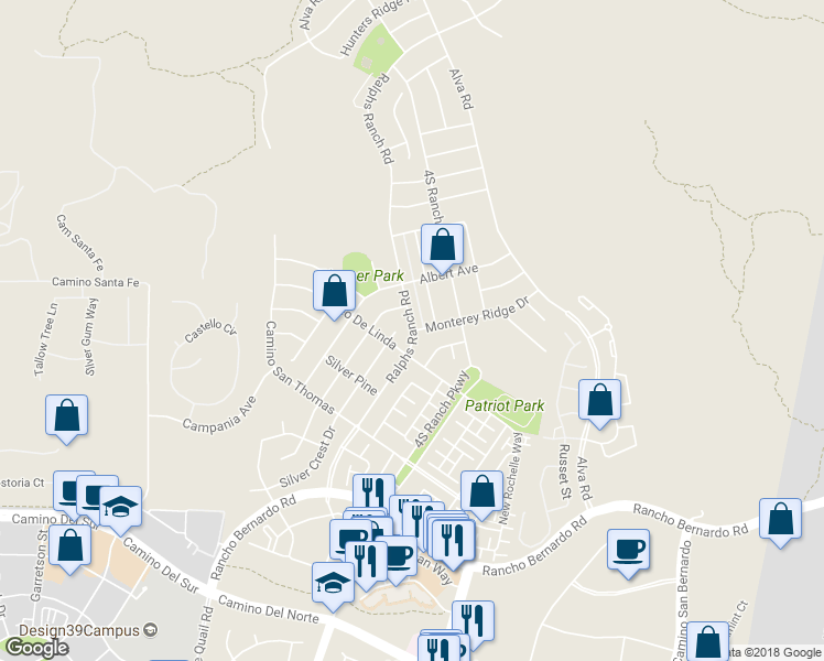 map of restaurants, bars, coffee shops, grocery stores, and more near Ralphs Ranch Road & Monterey Ridge Drive in San Diego
