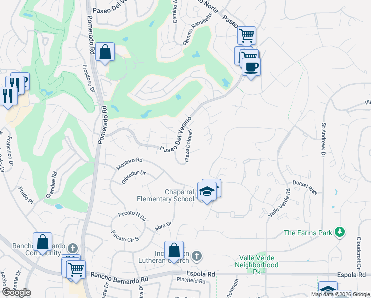 map of restaurants, bars, coffee shops, grocery stores, and more near 17426 Plaza Dolores in San Diego