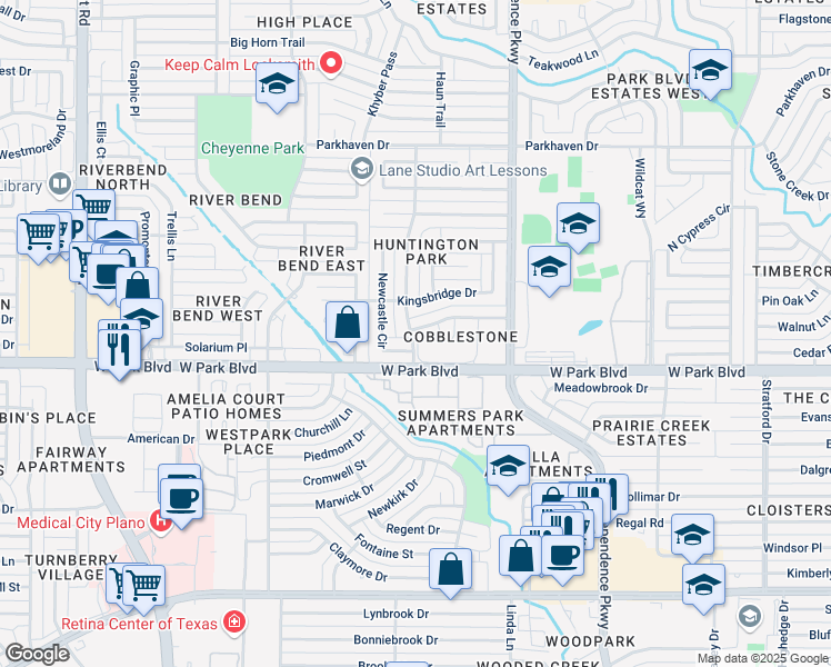 map of restaurants, bars, coffee shops, grocery stores, and more near 3316 Kingsbridge Drive in Plano
