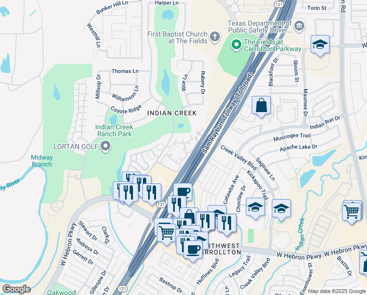 map of restaurants, bars, coffee shops, grocery stores, and more near 4230 Fairway Drive in Carrollton