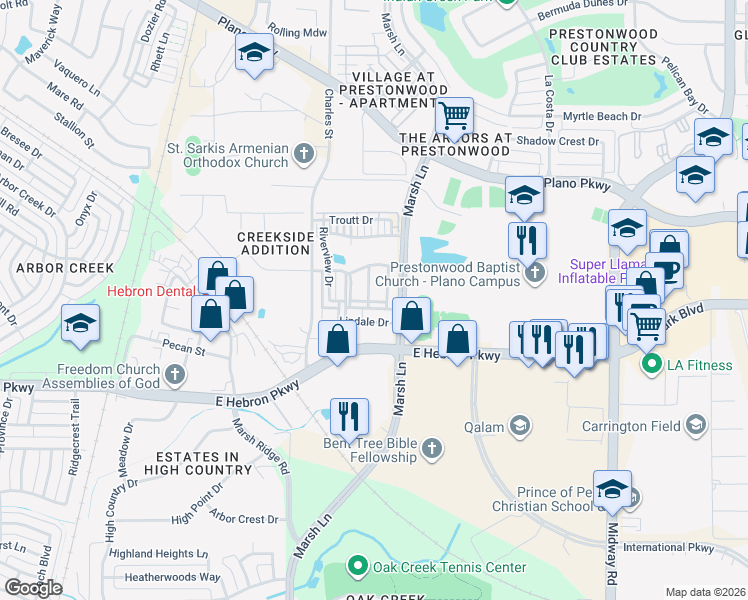map of restaurants, bars, coffee shops, grocery stores, and more near 4248 Colton Drive in Carrollton