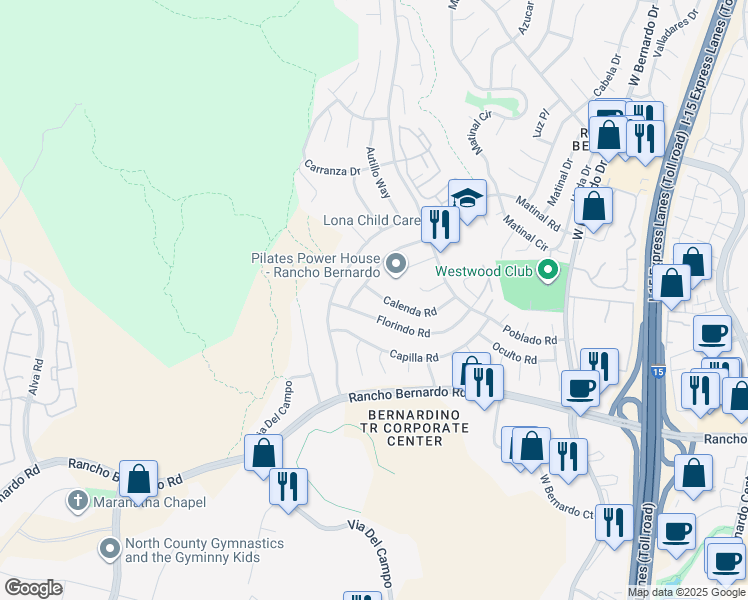 map of restaurants, bars, coffee shops, grocery stores, and more near 17256 Tablero Place in San Diego