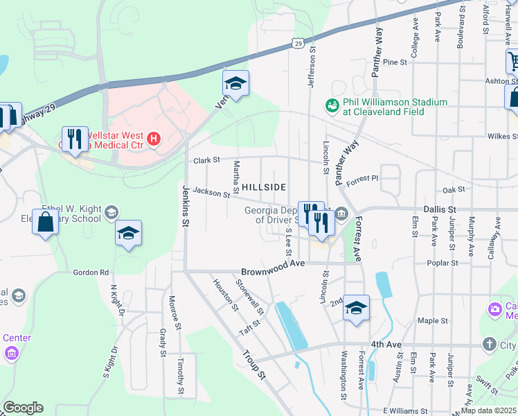map of restaurants, bars, coffee shops, grocery stores, and more near 519 Everette Street in LaGrange