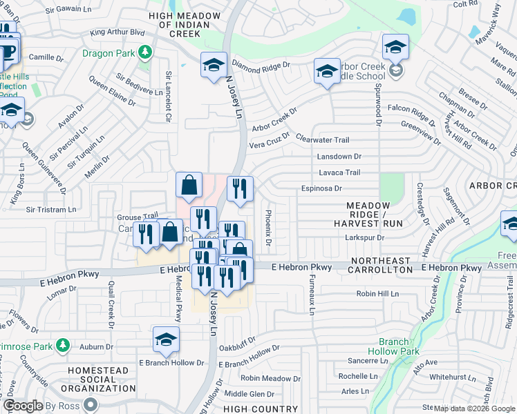 map of restaurants, bars, coffee shops, grocery stores, and more near 4256 Lavaca Trail in Carrollton