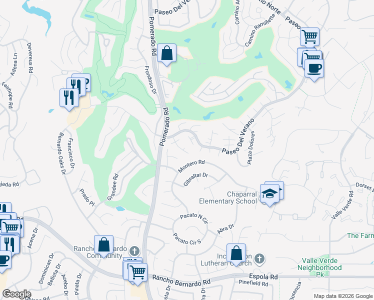 map of restaurants, bars, coffee shops, grocery stores, and more near 17417 Plaza Sonada in San Diego