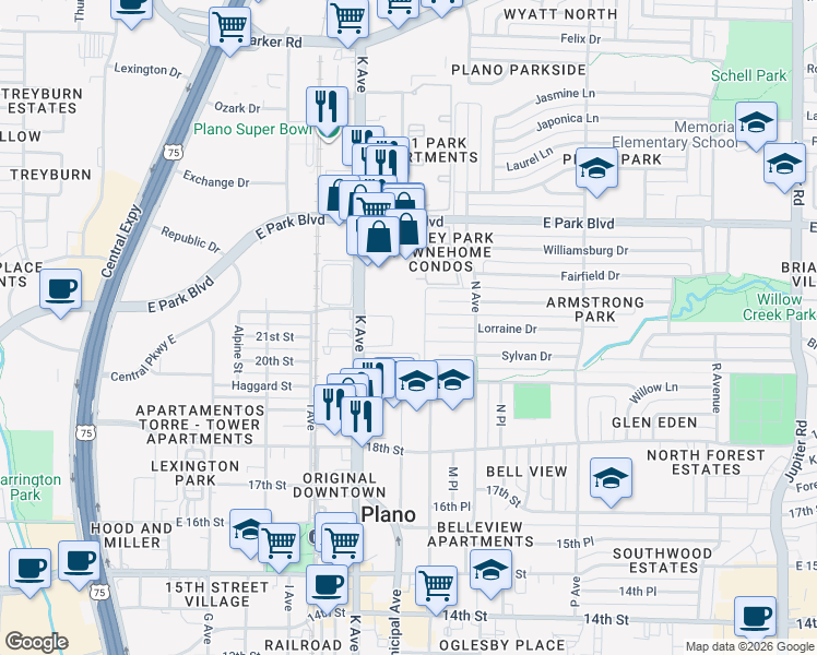map of restaurants, bars, coffee shops, grocery stores, and more near 2200 K Ave in Plano