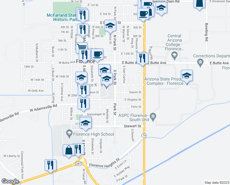 map of restaurants, bars, coffee shops, grocery stores, and more near 405 Park Street in Florence