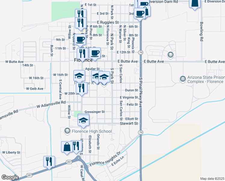 map of restaurants, bars, coffee shops, grocery stores, and more near 405 Park Street in Florence