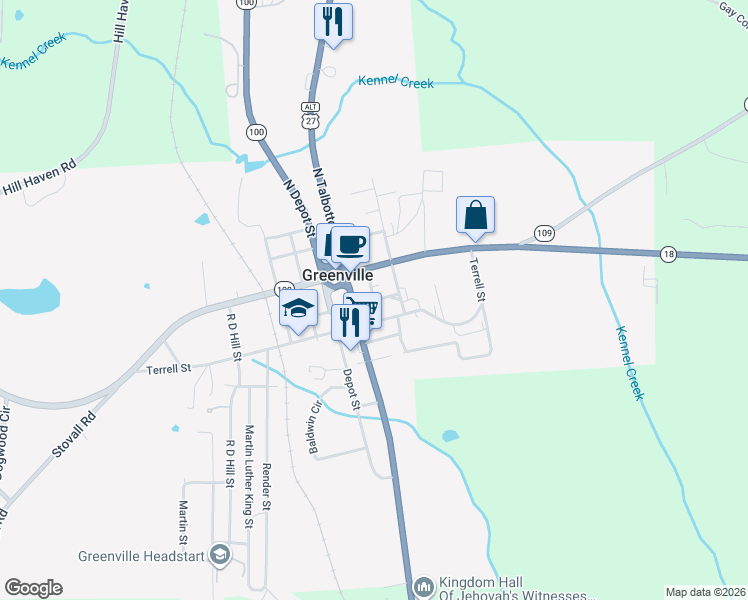 map of restaurants, bars, coffee shops, grocery stores, and more near 8004 College Street in Greenville