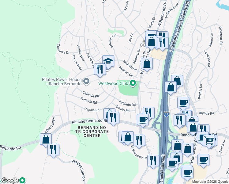 map of restaurants, bars, coffee shops, grocery stores, and more near 11433 Florindo Road in San Diego