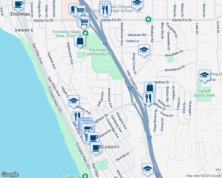 map of restaurants, bars, coffee shops, grocery stores, and more near 1709 Somerset Avenue in Encinitas