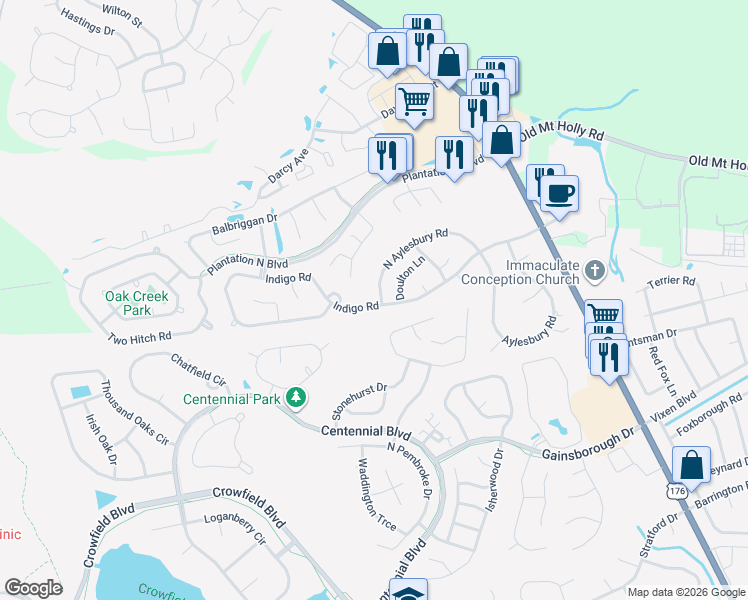 map of restaurants, bars, coffee shops, grocery stores, and more near 831 North Aylesbury Road in Goose Creek