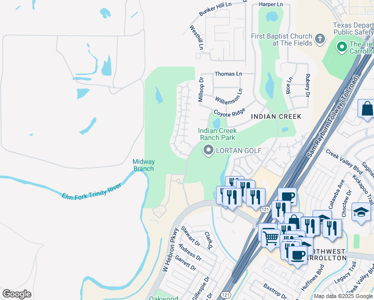 map of restaurants, bars, coffee shops, grocery stores, and more near 4253 Hunt Drive in Carrollton