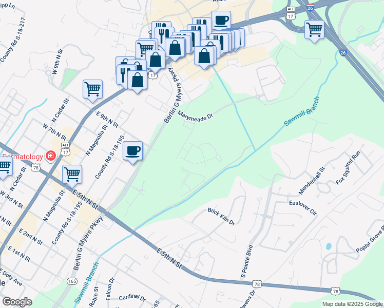map of restaurants, bars, coffee shops, grocery stores, and more near 1307 Farm Springs Road in Summerville