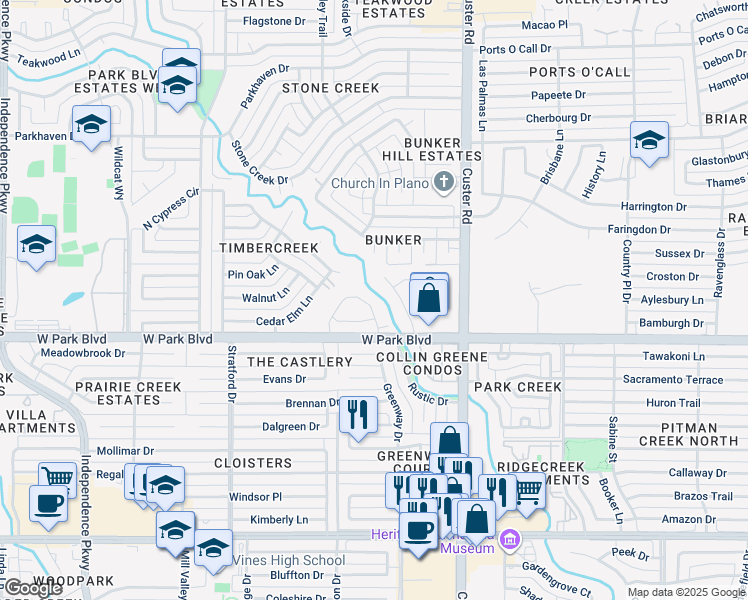 map of restaurants, bars, coffee shops, grocery stores, and more near 2028 Willowbrook Way in Plano