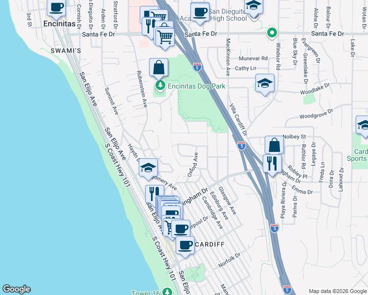 map of restaurants, bars, coffee shops, grocery stores, and more near 445 Sheffield Avenue in Encinitas