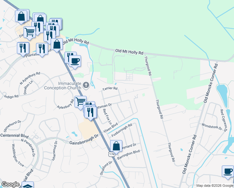 map of restaurants, bars, coffee shops, grocery stores, and more near 404 Terrier Road in Goose Creek