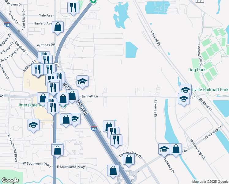 map of restaurants, bars, coffee shops, grocery stores, and more near 519 Bennett Lane in Lewisville