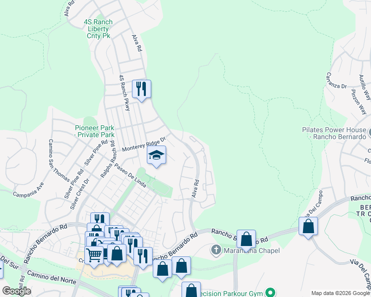 map of restaurants, bars, coffee shops, grocery stores, and more near 17119 Monterey Ridge Court in San Diego