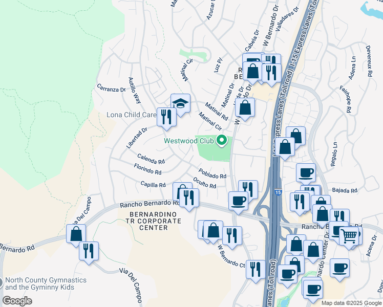 map of restaurants, bars, coffee shops, grocery stores, and more near 11441 Florindo Road in San Diego