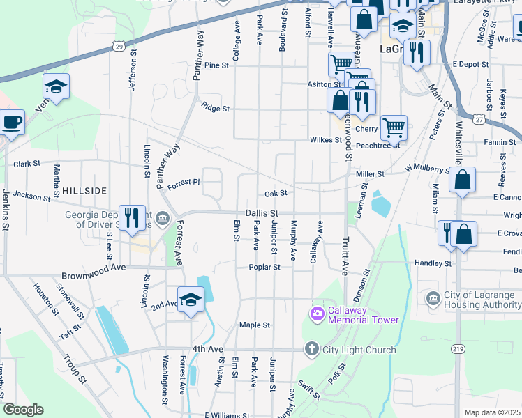 map of restaurants, bars, coffee shops, grocery stores, and more near 705 Park Avenue in LaGrange