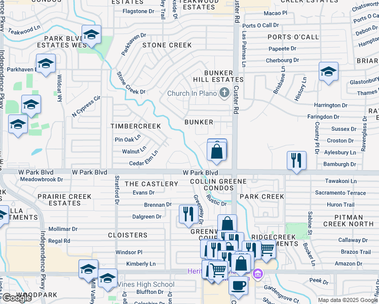 map of restaurants, bars, coffee shops, grocery stores, and more near 2028 Willowbrook Way in Plano