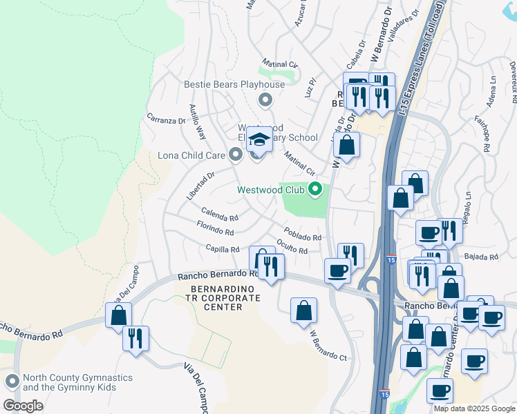 map of restaurants, bars, coffee shops, grocery stores, and more near 11318 Poblado Road in San Diego