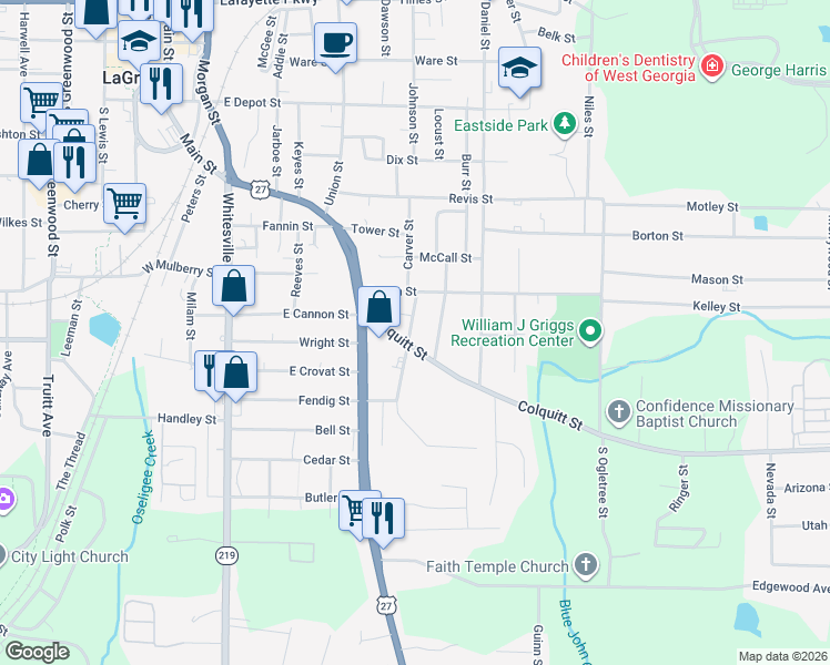 map of restaurants, bars, coffee shops, grocery stores, and more near 109 Mc Gregor Street in LaGrange