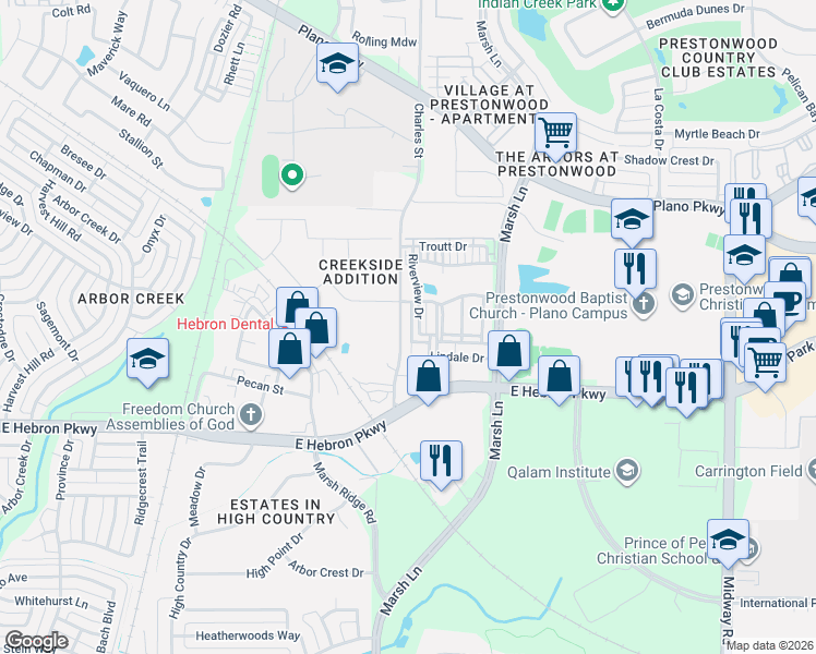 map of restaurants, bars, coffee shops, grocery stores, and more near 2656 Creekway Drive in Carrollton