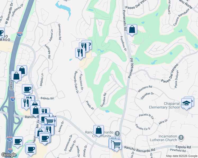 map of restaurants, bars, coffee shops, grocery stores, and more near 17317 Campillo Drive in San Diego