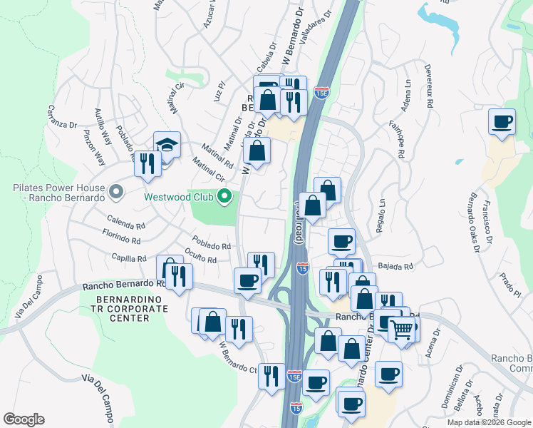 map of restaurants, bars, coffee shops, grocery stores, and more near 17307 Ruette Abeto in San Diego