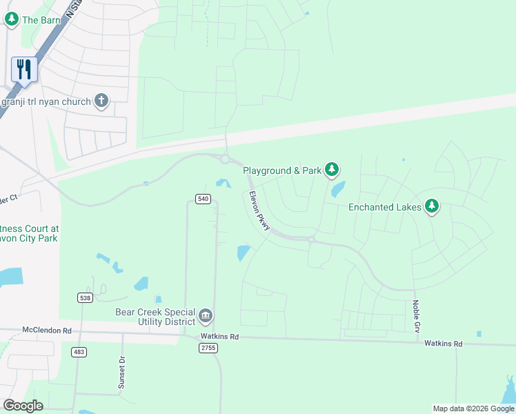 map of restaurants, bars, coffee shops, grocery stores, and more near 10019 County Road 540 in Lavon