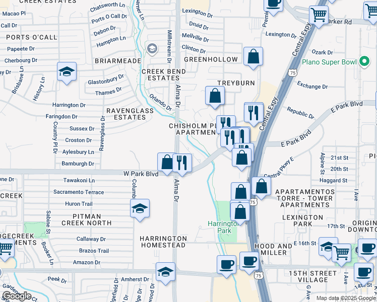 map of restaurants, bars, coffee shops, grocery stores, and more near 1001 West Park Boulevard in Plano