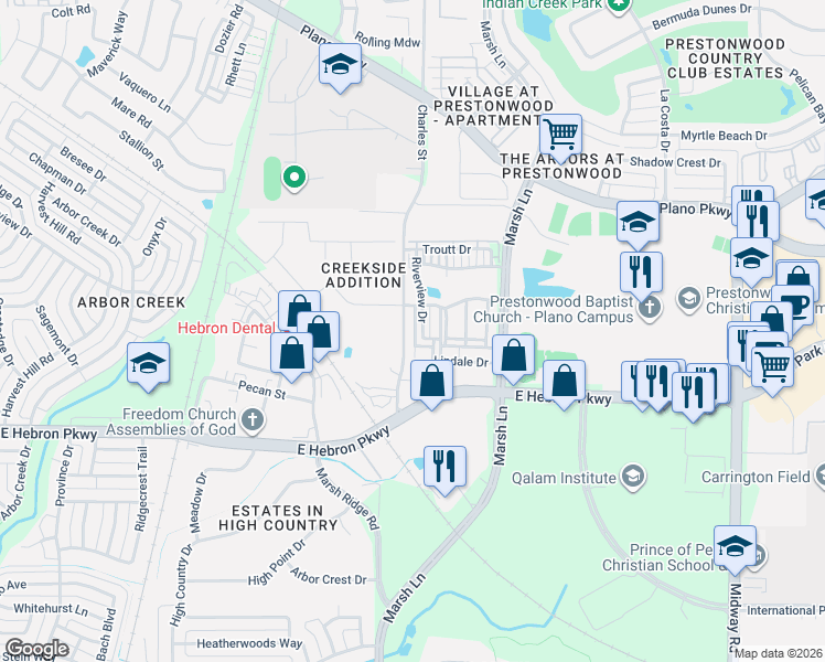 map of restaurants, bars, coffee shops, grocery stores, and more near 2656 Creekway Drive in Carrollton