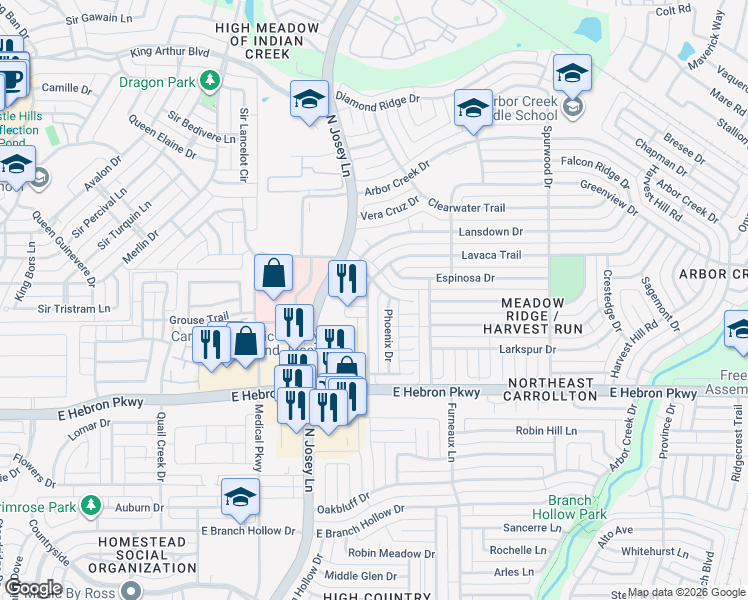 map of restaurants, bars, coffee shops, grocery stores, and more near 4256 Lavaca Trail in Carrollton