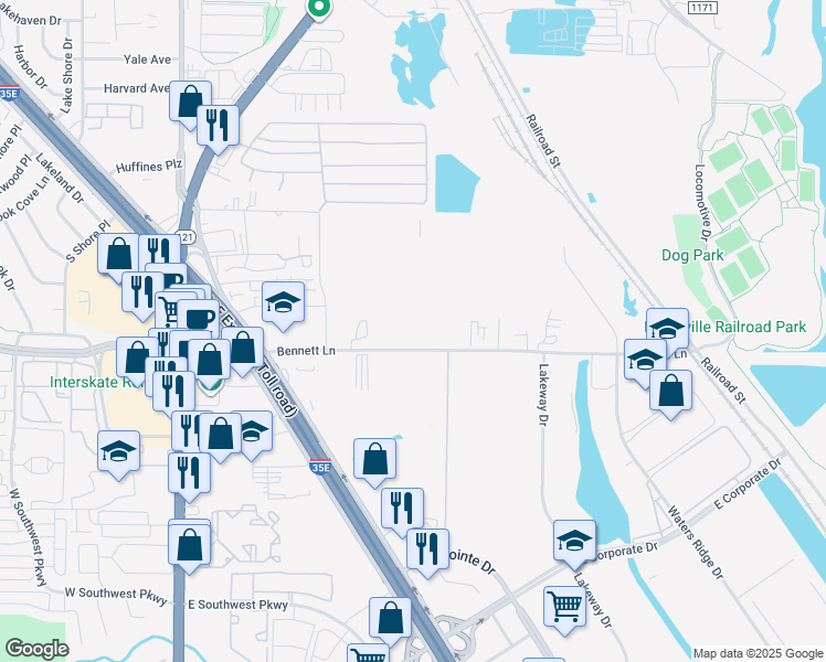 map of restaurants, bars, coffee shops, grocery stores, and more near 519 Bennett Lane in Lewisville