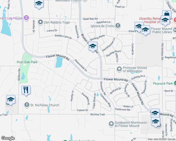 map of restaurants, bars, coffee shops, grocery stores, and more near 4013 Kimberly Drive in Flower Mound