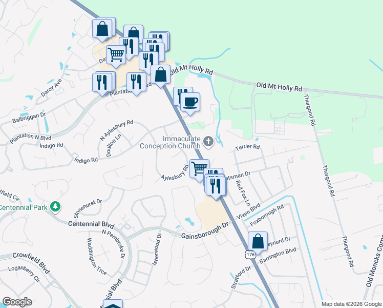 map of restaurants, bars, coffee shops, grocery stores, and more near 117 Aylesbury Road in Goose Creek