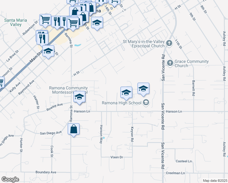 map of restaurants, bars, coffee shops, grocery stores, and more near 1208 Ledesma Lane in Ramona