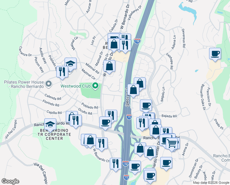 map of restaurants, bars, coffee shops, grocery stores, and more near 17307 Ruette Abeto in San Diego