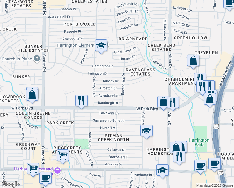 map of restaurants, bars, coffee shops, grocery stores, and more near 1500 Croston Drive in Plano