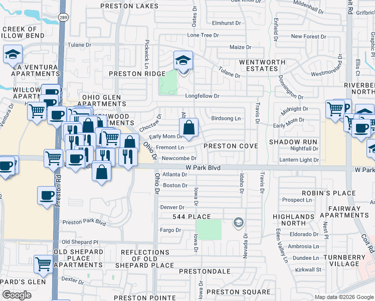 map of restaurants, bars, coffee shops, grocery stores, and more near 4533 Fremont Lane in Plano