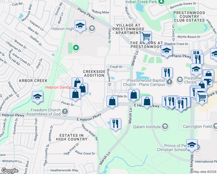 map of restaurants, bars, coffee shops, grocery stores, and more near 4285 Haskell Drive in Carrollton