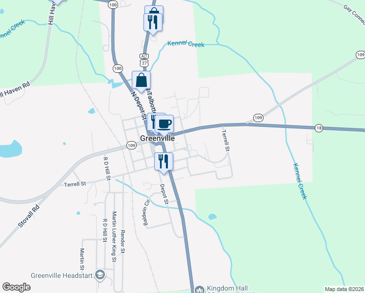map of restaurants, bars, coffee shops, grocery stores, and more near 8004 College Street in Greenville