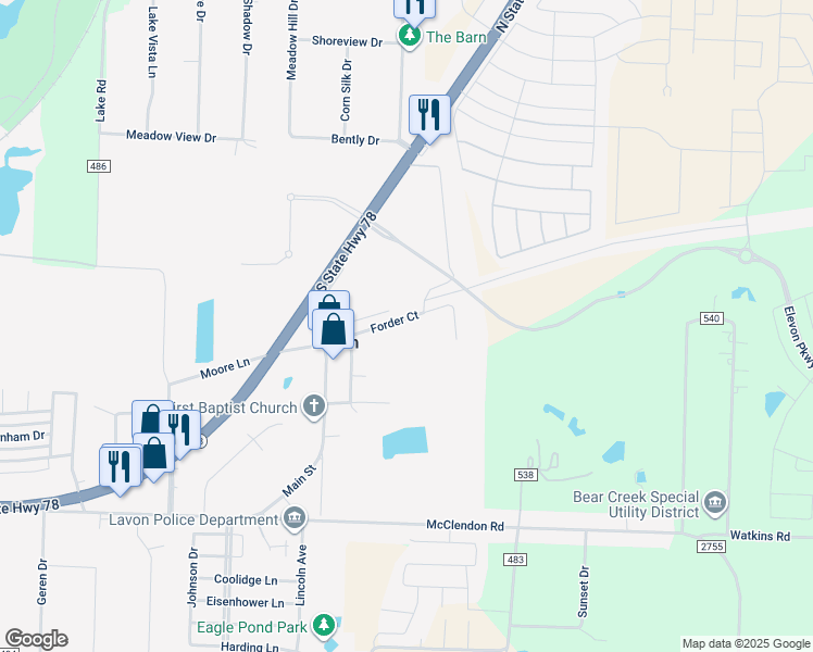 map of restaurants, bars, coffee shops, grocery stores, and more near 224 Forder Court in Lavon