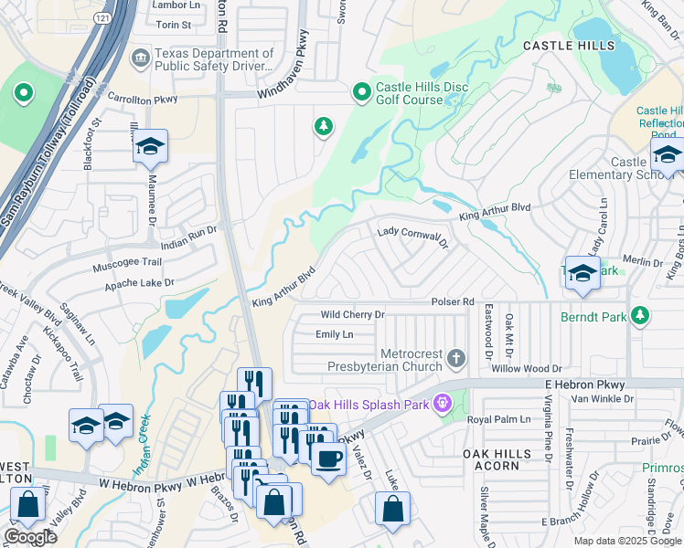 map of restaurants, bars, coffee shops, grocery stores, and more near 2224 Lady Cornwall Drive in Lewisville