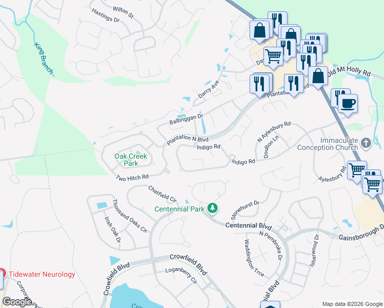 map of restaurants, bars, coffee shops, grocery stores, and more near 403 Indigo Road in Goose Creek