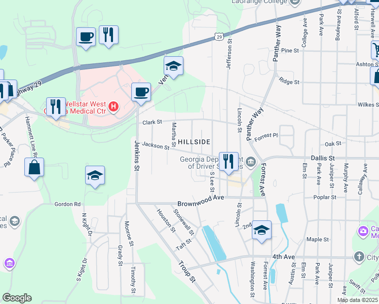 map of restaurants, bars, coffee shops, grocery stores, and more near 522 Everette Street in LaGrange