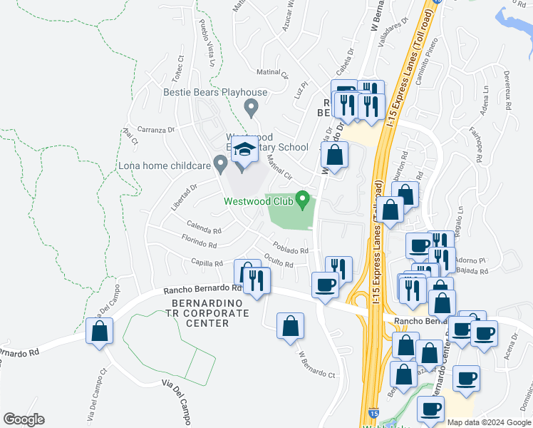 map of restaurants, bars, coffee shops, grocery stores, and more near 17313 Caminito Masada in San Diego