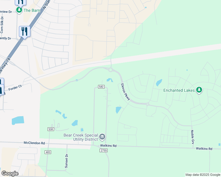 map of restaurants, bars, coffee shops, grocery stores, and more near 10035 County Road 540 in Lavon